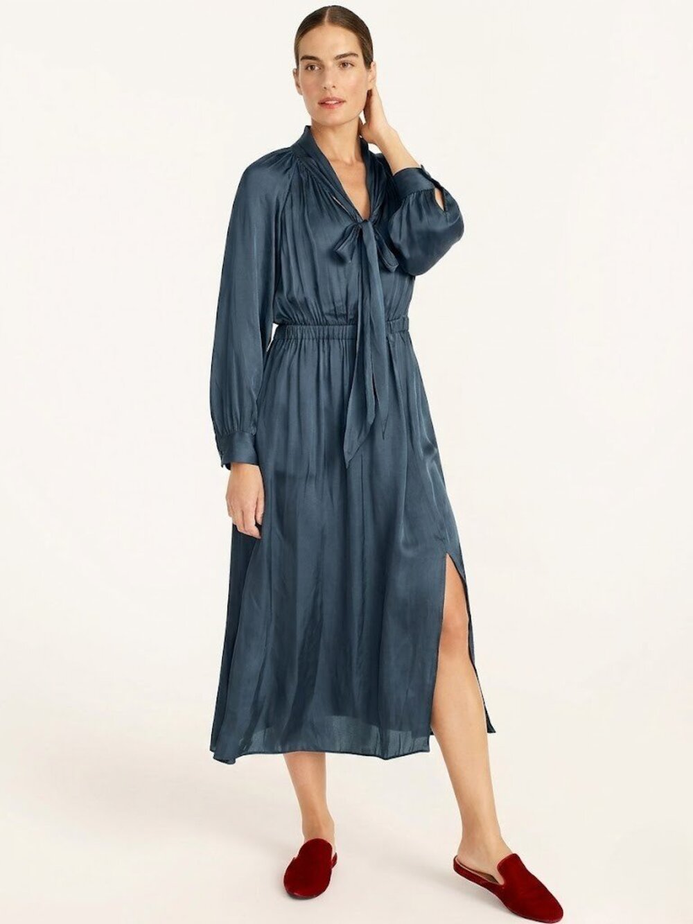 NWT J.Crew Featherweight Satin Tie-Neck Midi in Deep Midnight Crinkle Dress S